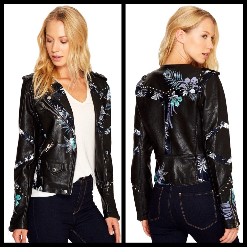 Blank NYC black navy stud floral leather jacket